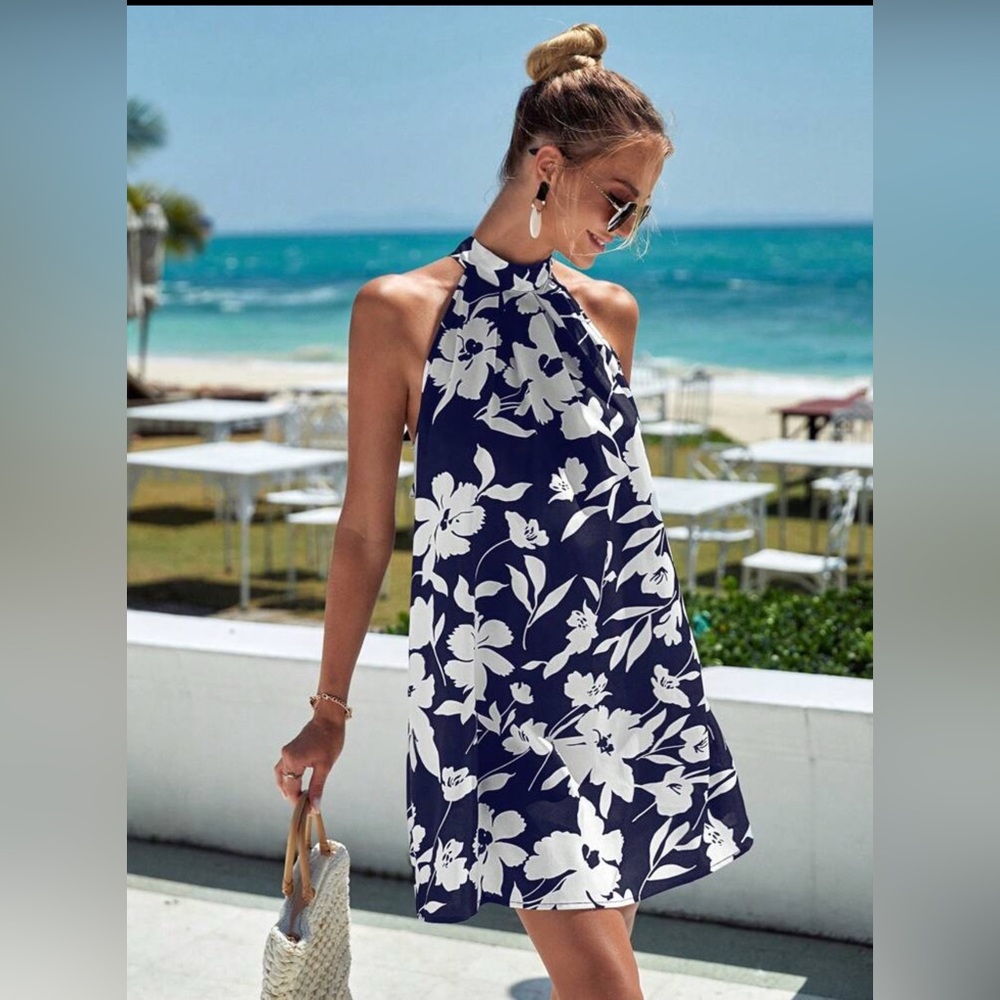 Blue & White Floral Print Tie Neck Halter Dress - Size Medium
